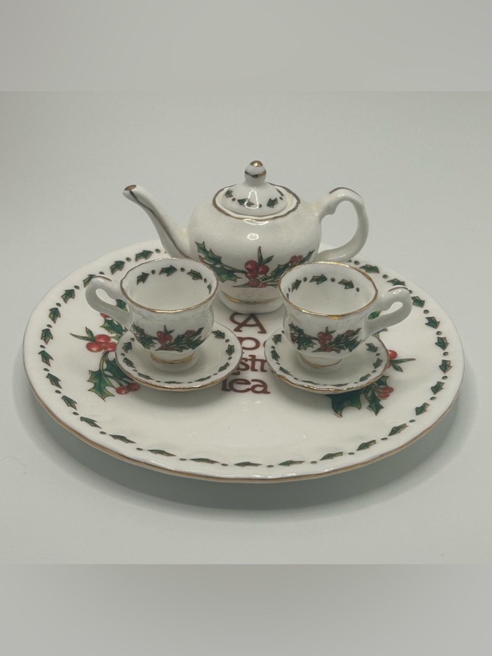 Vintage Waldman House Press "A Cup of Christmas Tea" Miniature Porcelain Tea Set